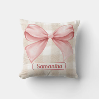Elegant Beige Gingham mit rosa Bow Akzent Custom Kissen
