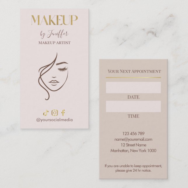 Elegant Beige & Gold Makeup Artist appointment Terminkarte (Vorne/Hinten)