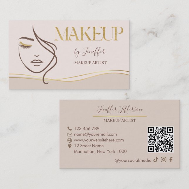 Elegant Beige & Gold Makeup Artist Bussines card Visitenkarte (Vorne/Hinten)