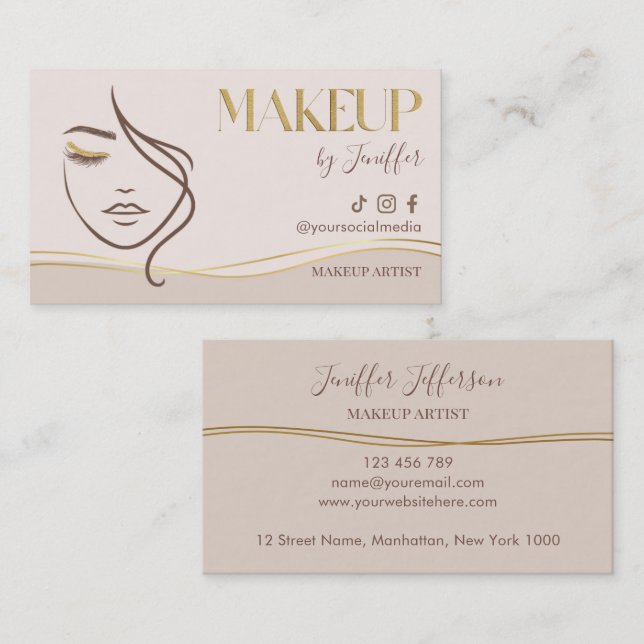 Elegant Beige & Gold Makeup Artist Bussines card Visitenkarte (Vorne/Hinten)
