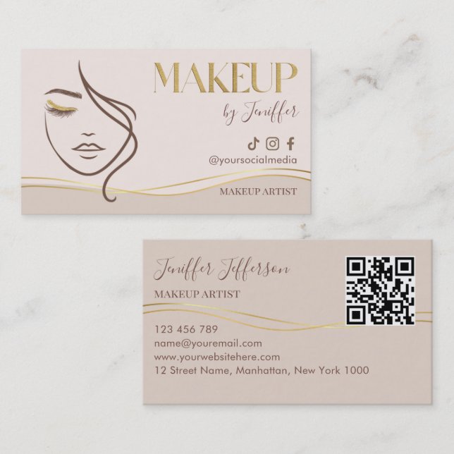 Elegant Beige & Gold Makeup Artist Bussines card Visitenkarte (Vorne/Hinten)