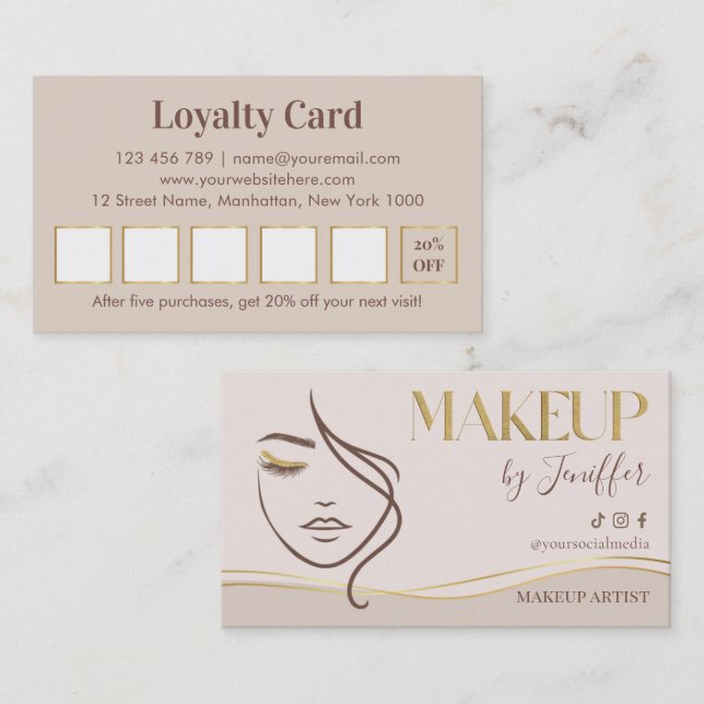 Elegant Beige & Gold Makeup Artist Loyalty Treuekarte (Vorne/Hinten)