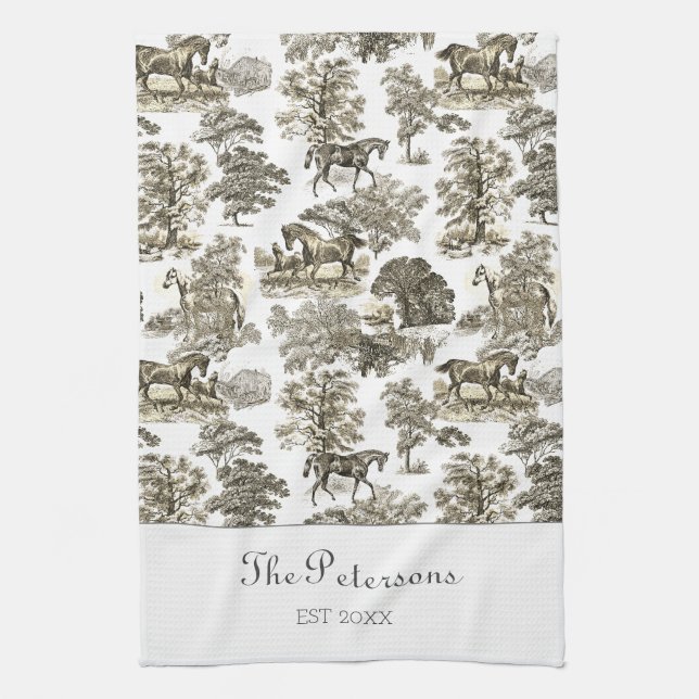 Elegant Beige Horses Toile Rustic Farmhouse Geschirrtuch (Vertikal)