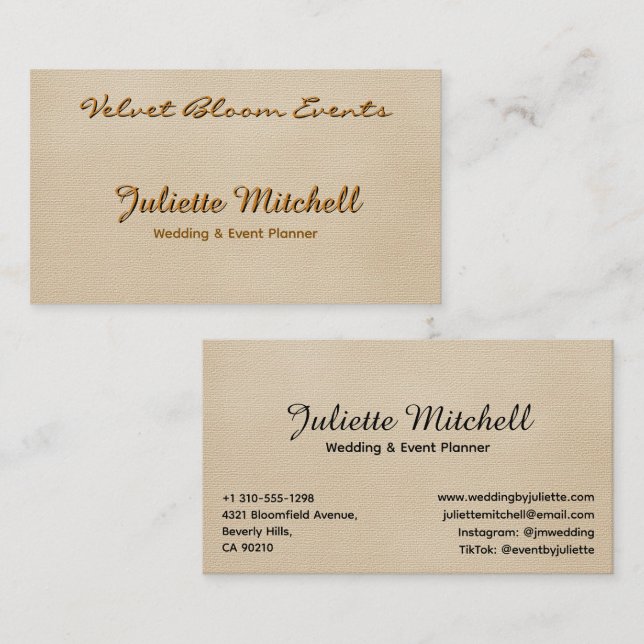 Elegant Beige Linen Event & Wedding Planner Card Visitenkarte (Vorne/Hinten)