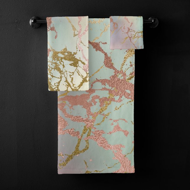 Elegant Beige Marble | Minze Sage Green Rose Gold Badhandtuch Set (Von Creator hochgeladen)