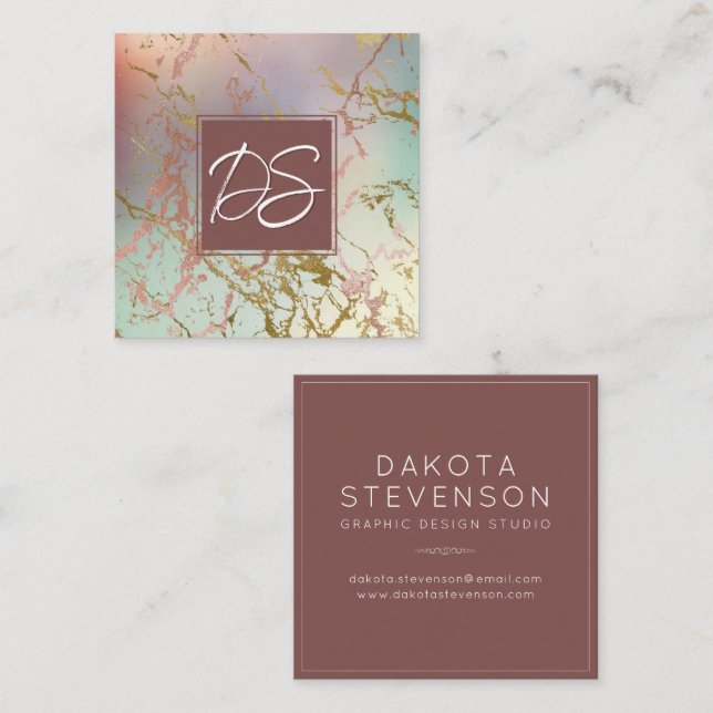 Elegant Beige Marble | Sage and Rose Gold Monogram Quadratische Visitenkarte (Vorne/Hinten)