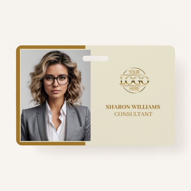 Elegant Beige Minimalist Company Employee Photo ID Ausweis (Vorderseite)