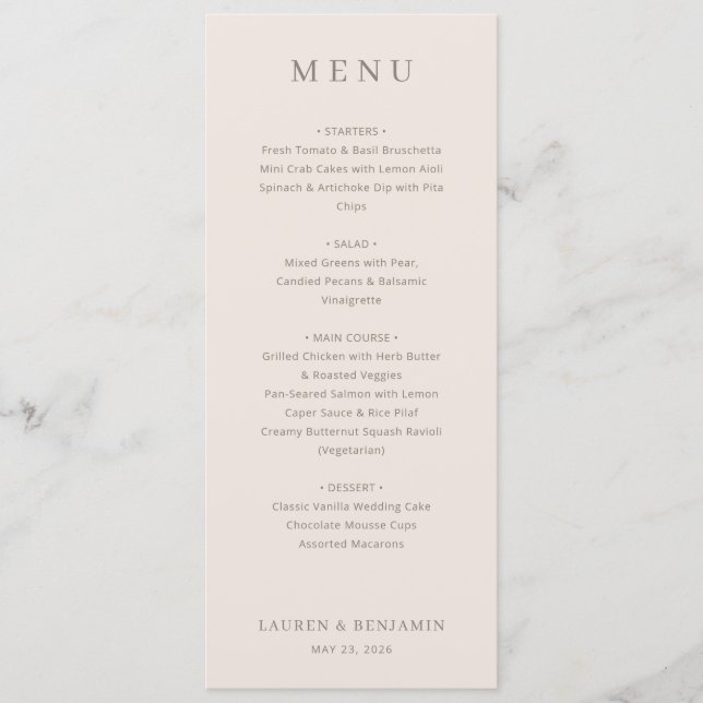 Elegant Beige Minimalist Menu Menükarte (Vorderseite)