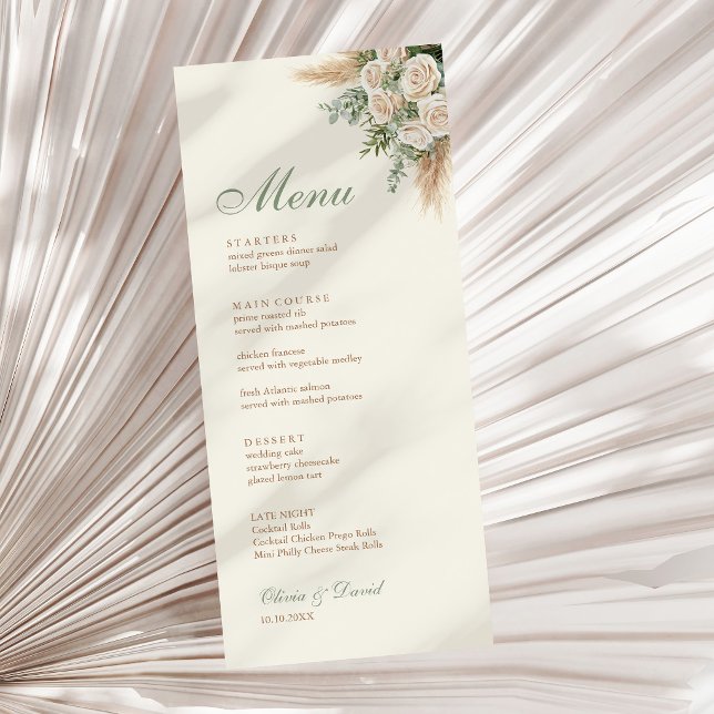 Elegant Beige Pampas Grass Wedding Menu Card Menükarte (Elegant Beige Pampas Grass Wedding Menu Card on a neutral dry palm leaf)