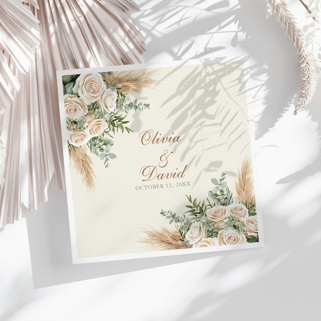 Elegant Beige Pampas Grass Wedding Napkins Serviette (Elegant Beige Pampas Grass Wedding Napkins on a sunny table with dry neutral botanicals)