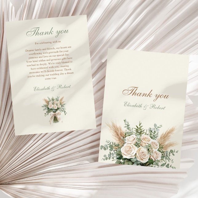 Elegant Beige Pampas Grass Wedding Thank You Card Dankeskarte (Elegant Beige Pampas Grass Wedding Thank You Card on a neutral dry palm leaf)