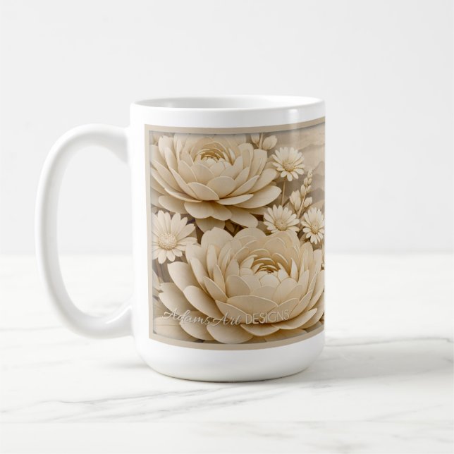 Elegant Beige Paper-Cut Floral LandscapeMug Kaffeetasse (Links)
