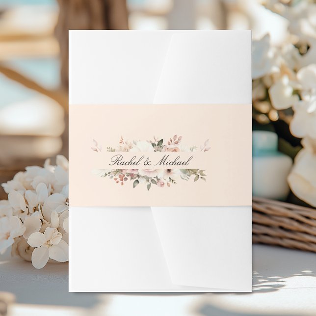 Elegant, beige Pfirsich, Pastellfarben, Blume Einladungsbanderole (Elegant, white, pastel, flower bouquet invitation belly band with your name.)
