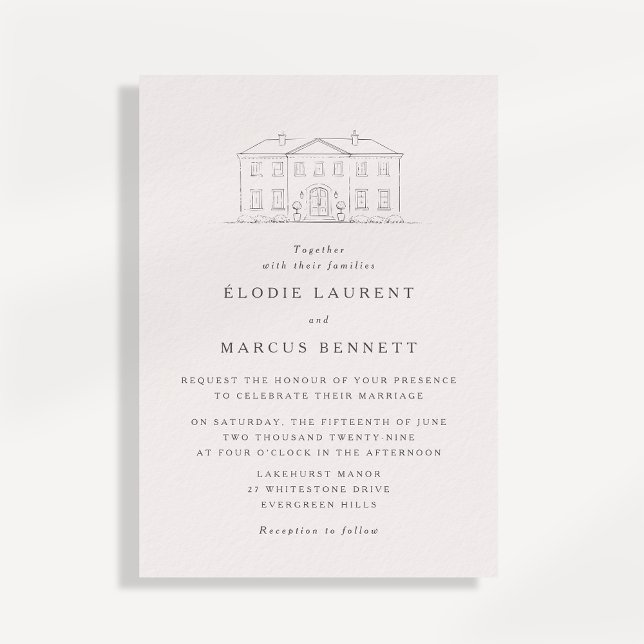 Elegant Beige Venue Sketch Wedding Invitation Einladung (Von Creator hochgeladen)