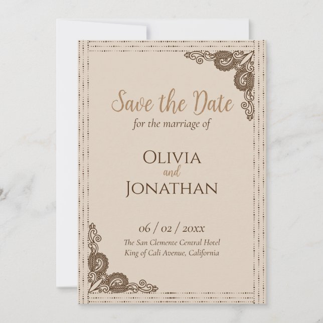 Elegant Beige verziert Wedding Save the Date Einladung (Vorderseite)