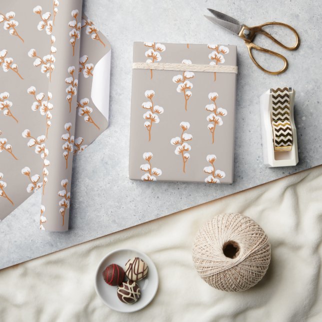 Elegant Beige Wrapping Paper with Cotton Branch Geschenkpapier (Kunsthandwerk)