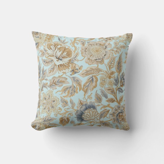 Elegant, Beigie Gold Soft Blau Blumen Muster Kissen (Vorderseite)