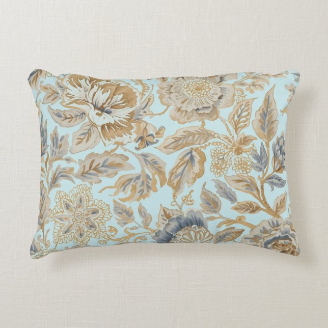 Elegant,Beigie Gold Soft Blue Flowers Pattern Dekokissen (Vorderseite)