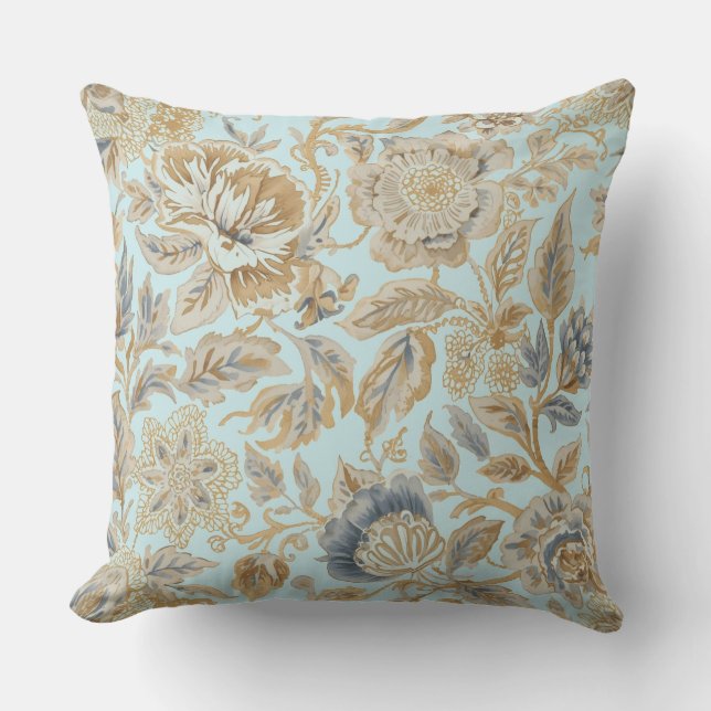Elegant,Beigie Gold Soft Blue Flowers Pattern Kissen (Vorderseite)