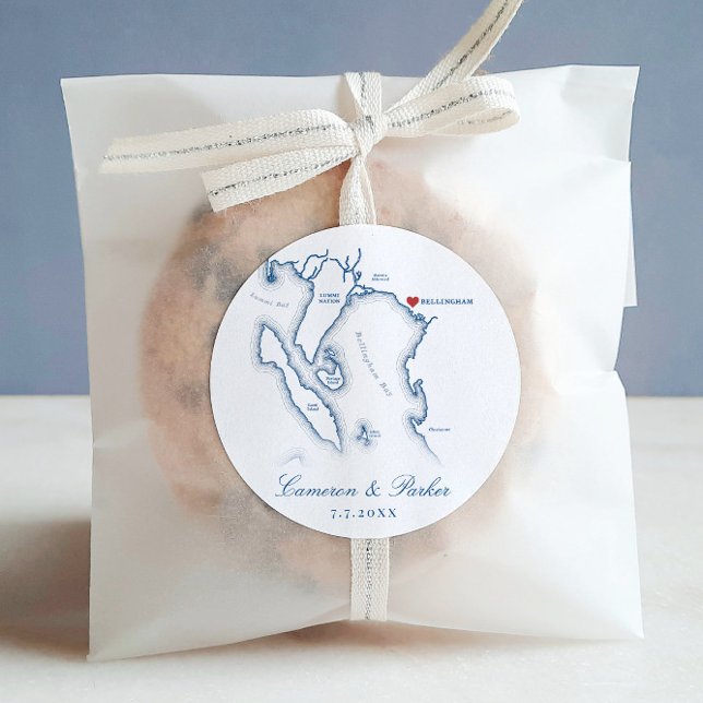 Elegant Bellingham Washington Map Gastgeschenk Hoc Runder Aufkleber (Elegant Bellingham Washington Wedding favor round sticker labels with navy blue map from Coastal Map)