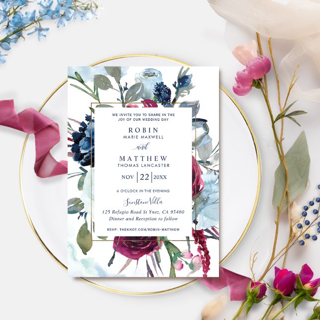 Elegant Berry Blue Burgundy Floral Wedding Einladung (Von Creator hochgeladen)