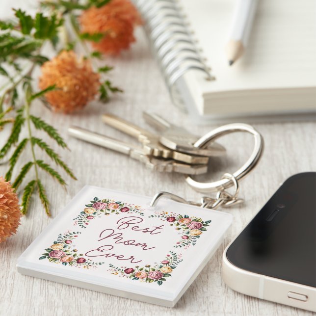 Elegant Best Mom Ever Floral Acrylic Keychain Schlüsselanhänger (Vorderseite rechts)