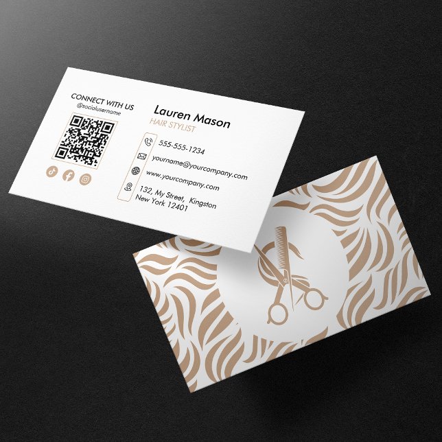 Elegant Biege HairStylist Hair Dresser QR Code Visitenkarte (Von Creator hochgeladen)