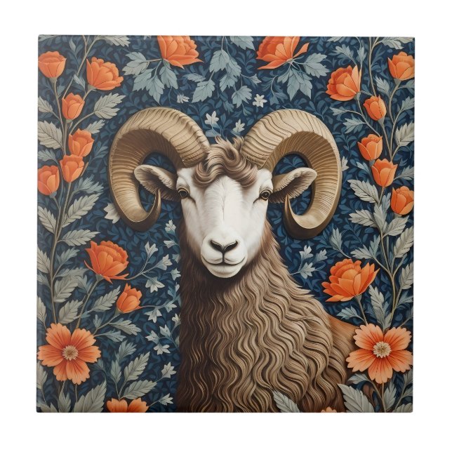 Elegant Big Horn Sheep William Morris Inspiriert Fliese (Vorderseite)