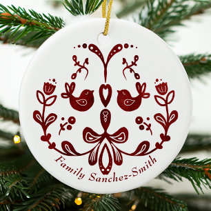 Elegant Bilingual Burgundy Birds Weihnachten Keramik Ornament