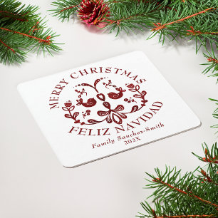 Elegant Bilingual Burgundy Birds Weihnachten Rechteckiger Pappuntersetzer