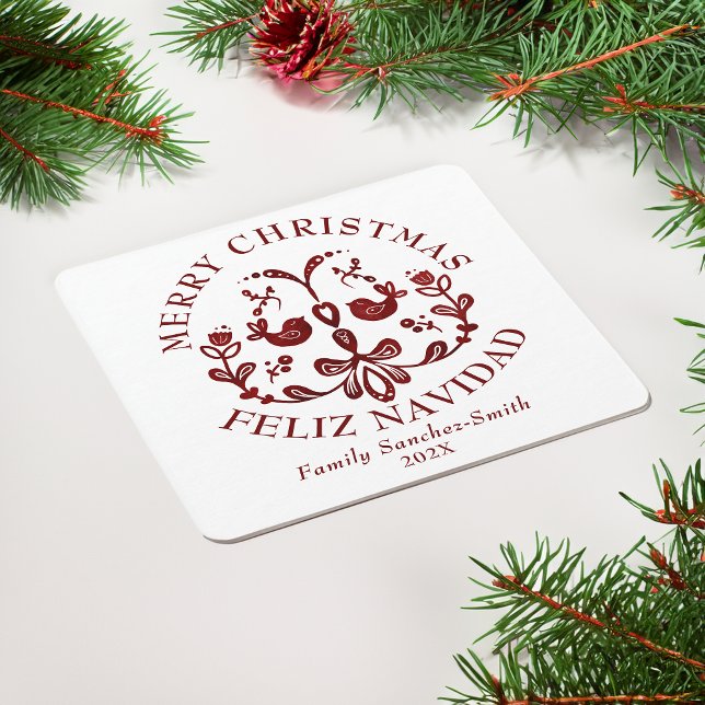 Elegant Bilingual Burgundy Birds Weihnachten Rechteckiger Pappuntersetzer (Bilingual Christmas Coaster, custamizable text, Spanish, family name, multilingual project)