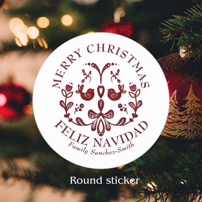 Elegant Bilingual Burgundy Birds Weihnachten Runder Aufkleber (Bilingual custom text, birds, Merry Christmas-Feliz Navidad Round stickers. Multilingual project)