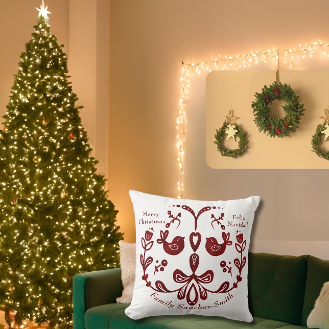 Elegant Bilingual Burgundy Birds Weihnachten Spani Kissen (Christmas Bilingual Spanish Feliz Navidad thow pillow, custom & familiy name multilingual Project)