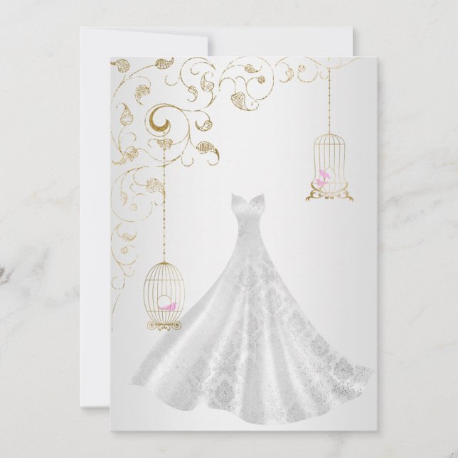 ELEGANT Birdcage Hochzeitskleid Silber Goldhochzei Einladung (Vorderseite)