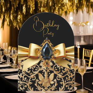 Elegant Birthday Black Gold Bow Jewel Damask Einladung