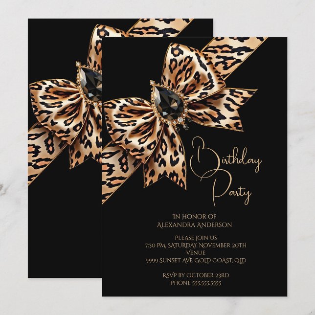 Elegant Birthday Black Gold Leopard Animal Bow Einladung (Von Creator hochgeladen)