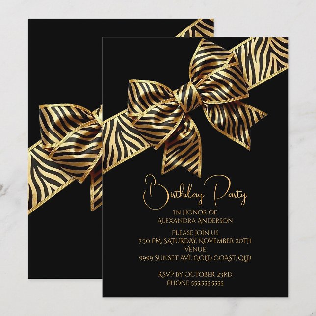 Elegant Birthday Black Gold Wild Zebra Stripe Bow Einladung (Von Creator hochgeladen)