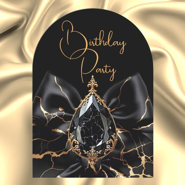 Elegant Birthday Black Marble Bow Gold Jewel Einladung (Von Creator hochgeladen)