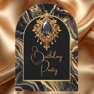 Elegant Birthday Black Marble Gold Jewel Einladung