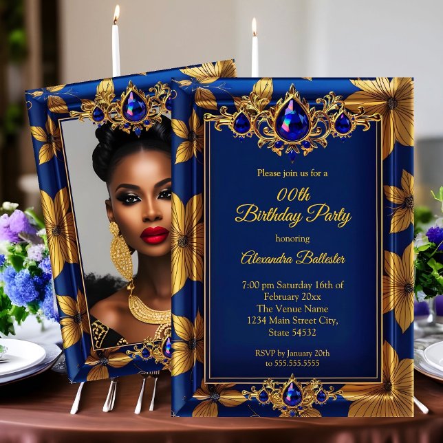 Elegant Birthday Foto Blue Gold Jewels Damask Einladung (Von Creator hochgeladen)