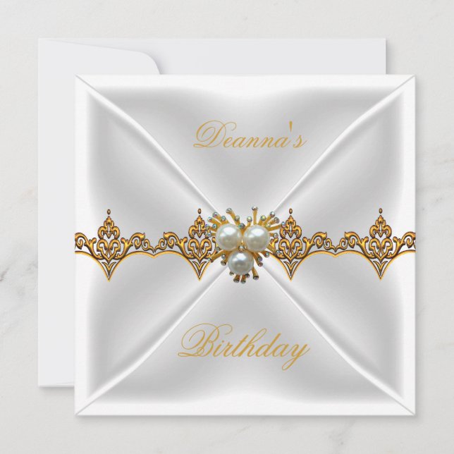 Elegant Birthday Gold Jewel White Silk Einladung (Vorderseite)