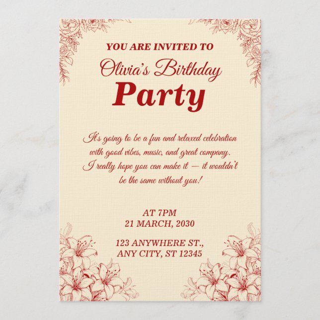 Elegant Birthday Invitation Card – Custom Floral D Einladung (Vorderseite)