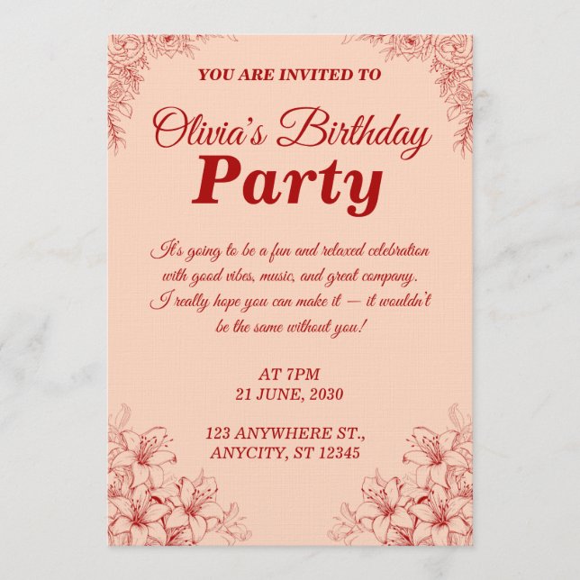 Elegant Birthday Invitation Card – Floral Design Einladung (Vorderseite)