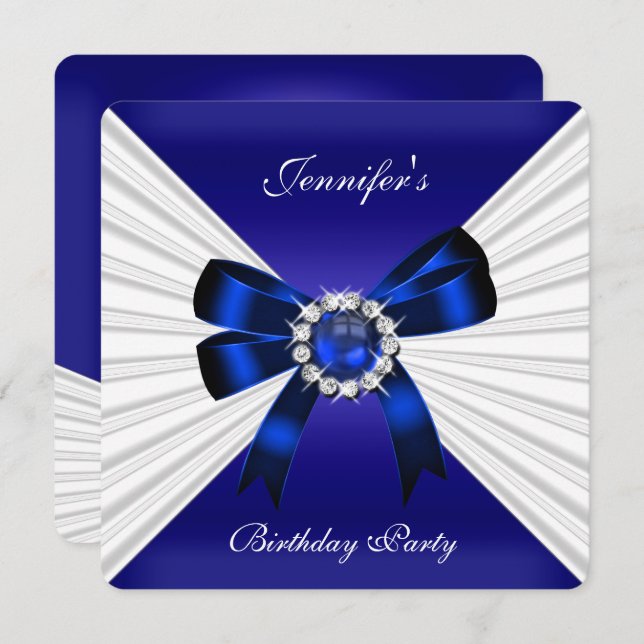 Elegant Birthday Invite Royal Blue Jewel White 2 Einladung (Vorne/Hinten)