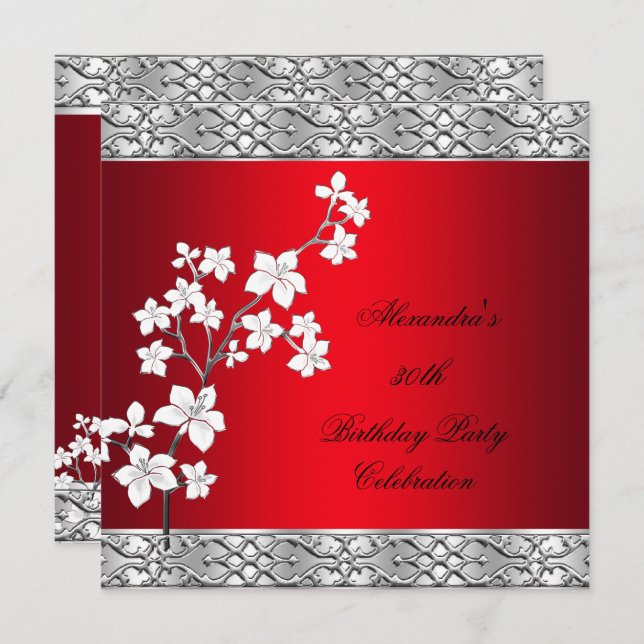 Elegant Birthday Party Asian Red Floral Silver Einladung (Vorne/Hinten)