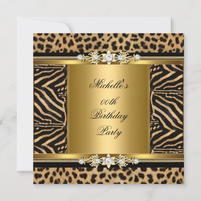 Elegant Birthday Party Gold Black Zebra Leopard Einladung (Vorderseite)
