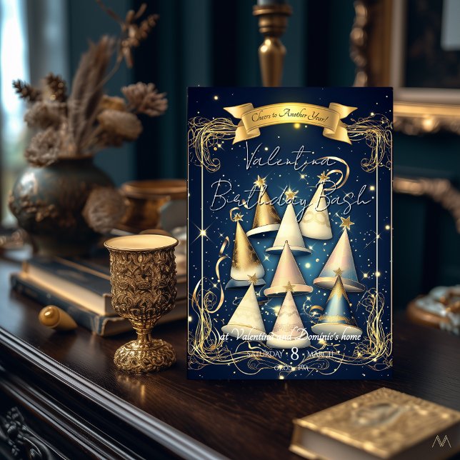 Elegant Birthday Party Hat | Elegant Gold & Navy Einladung (Von Creator hochgeladen)