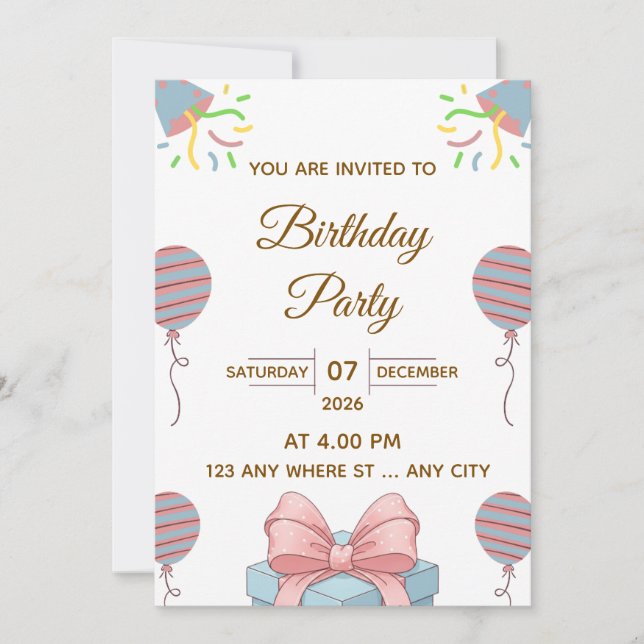 Elegant Birthday Party Invitation with Balloons Einladung (Vorderseite)