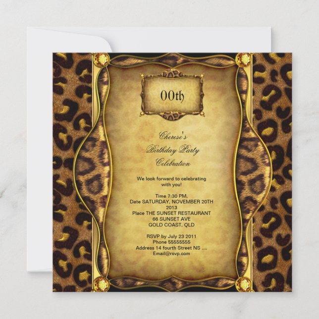 Elegant Birthday Party Leopard Gold Black Einladung (Vorderseite)