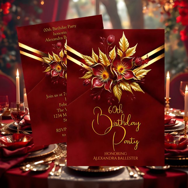 Elegant Birthday Party Red Floral Faux Velvet Gold Einladung (Von Creator hochgeladen)